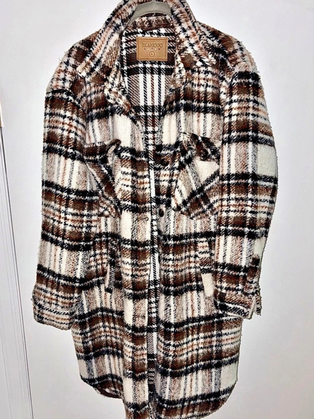 BLANKNYC Oversized Plaid Shacket – Cream/Brown/Black Size L